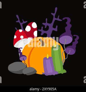 Collage Vector Halloween. Citrouille et champignons toadstool et amanita et bougies rituelles et branches sur fond noir. Atmosphère mystique. Illustration de Vecteur