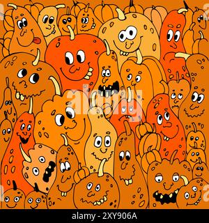 Collage vectoriel de citrouille d'Halloween. Personnages avec des visages, des yeux, des bouches et des dents et dans différentes humeurs et formes. Une image amusante pour votre style de gribouillage. Illustration de Vecteur