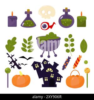 Set Halloween feuilles de plantes, bonbons, citrouille, château, potion, poison, bouteilles, oeil, sucette, panier, crâne, bougies, chauve-souris, style de bande dessinée. Illustration de Vecteur