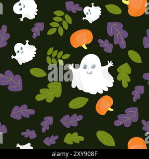 Motif sans couture mignon hantant et feuilles et citrouilles. Modèle d'Halloween dans le style de bande dessinée. Modèle pour textiles, emballages, papiers peints. Illustration de Vecteur