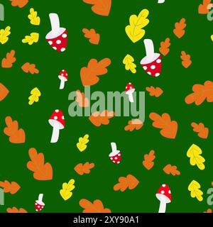 Feuilles de motif sans couture et champignons agariques mouches sur un fond vert. Modèle pour emballage, textiles, papiers peints. Illustration de Vecteur