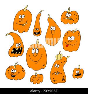 Vecteur orange dessiné à la main doodles Halloween citrouille. Les visages des citrouilles avec les yeux, les bouches représentent différentes émotions, le plaisir, la peur. Dessin en dessin animé Illustration de Vecteur