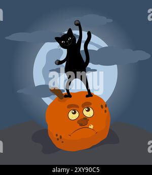 Un chat jubilant se tient sur une citrouille maléfique sous la lune. Illustration vectorielle sur le thème d'Halloween. Illustration de Vecteur