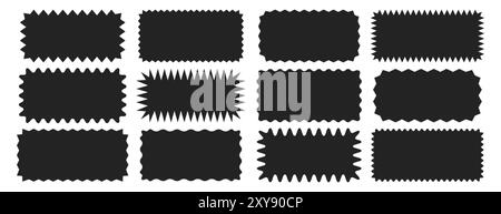Cadres rectangulaires noirs vides avec des bordures mobiles. Éléments de boîte de forme rectangulaire dentelés avec des bords en zigzag sur fond blanc. Étiquettes géométriques ondulées en zigzag, badges incurvés et autocollants dentelés Illustration de Vecteur