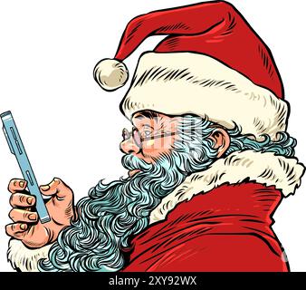 Le Père Noël utilise le téléphone. Offres saisonnières et promotions du nouvel an. Livraison de cadeaux partout dans le monde pendant Noël. Bande dessinée pop Ar Illustration de Vecteur