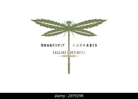 Libellule vintage avec cannabis marijuana Ganja feuille pour chanvre CBD Oil logo Design Illustration de Vecteur