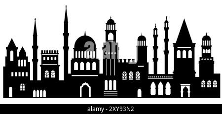 Fond abstrait urbain. Ensemble de silhouette urbaine musulmane dans un style plat, mosquée, minarets Illustration de Vecteur