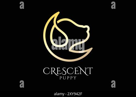 Simple Luxury Crescent Moon Dog Puppy Monogram Line logo Design Illustration de Vecteur