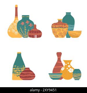 Collection de cruches, vases, plats sur étagères pour votre design. Faïence en poterie, vases, bols en argile et pots isolés sur blanc. Illustration de Vecteur