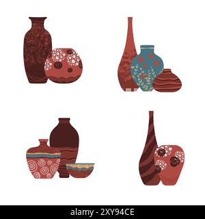 Collection de cruches, vases, plats sur étagères pour votre design. Faïence en poterie, vases, bols en argile et pots isolés sur blanc. Illustration de Vecteur