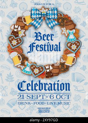 fond oktoberfest avec des biscuits en pain d'épices et des doodles. affiche allemande du festival de la bière avec des bonbons Illustration de Vecteur