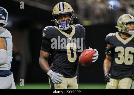 Nouvelle-Orléans, Louisiane, États-Unis. 27 août 2024. La sécurité des Saints de la Nouvelle-Orléans Ugo Amadi avec le ballon alors qu'il jouait contre les Titans du Tennessee dans un match de pré-saison de la NFL à la Nouvelle-Orléans, en Louisiane, États-Unis, le 25 août 2024. Les Titans battent les Saints 30 à 27. (Crédit image : © Dan Anderson/ZUMA Press Wire) USAGE ÉDITORIAL SEULEMENT! Non destiné à UN USAGE commercial ! Banque D'Images