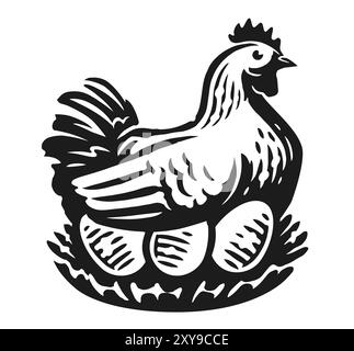 Poule avec des œufs dans un nid. Ferme avicole, poulet. Illustration vectorielle en noir et blanc dessinée à la main Illustration de Vecteur