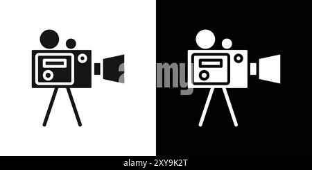 vieille icône de caméra vidéo logo signe vectoriel contour en noir et blanc Illustration de Vecteur