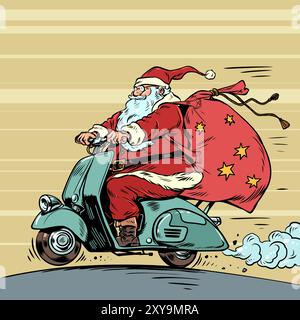 Noël approche sur deux roues. Le Père noël roule en cyclomoteur avec un sac de cadeaux. Fêtes à venir et ventes saisonnières avec elle. Pop Art Illustration de Vecteur