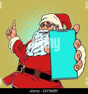 Internet de Noël la veille du nouvel an. Une offre unique pour les clients utilisant le service. Le Père Noël tient un téléphone avec un écran vide. Pop Art rétro Illustration de Vecteur