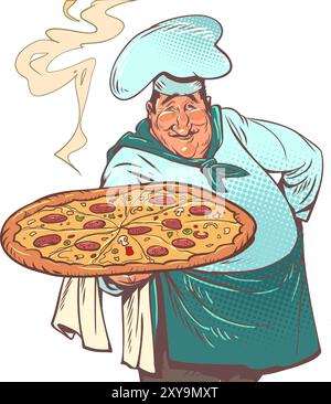 Le chef sert élégamment de délicieuses pizzas finies. Restauration rapide appétissante dans un restaurant. Un excellent chef prépare une cuisine italienne. Illustration de Vecteur