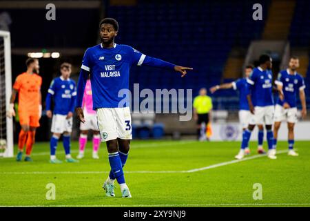 Cardiff, Royaume-Uni. 28 août 2024. Raheem Conte de Cardiff City en action. Carabao Cup EFL Cup 2ème tour match, Cardiff City v Southampton au Cardiff City Stadium de Cardiff, pays de Galles, le mercredi 28 août 2024. Cette image ne peut être utilisée qu'à des fins éditoriales. Usage éditorial exclusif, photo de Lewis Mitchell/Andrew Orchard photographie sportive/Alamy Live News crédit : Andrew Orchard photographie sportive/Alamy Live News Banque D'Images