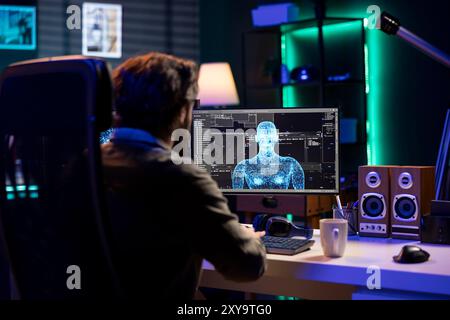 Programmeur discutant avec une IA sensible devenant superintelligente, gagnant une forme humanoïde. Développeur parlant avec l'intelligence artificielle consciente transcendant à la structure supérieure Banque D'Images