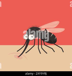 Cute Cartoon Flat Vector Mosquito sucer le sang sur la peau. Amateurs d'insectes. Modèle de conception de moustique suceur de sang pour la lutte antiparasitaire, éducation de la nature Illustration de Vecteur