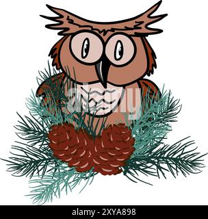 Hibou aigle avec des branches de pin et des cônes illustration vectorielle Illustration de Vecteur