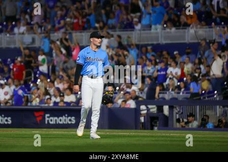 Calvin Faucher P #53 - août 25, Miami Marlins v Chicago Cubs at Loan Depot Park le 25 août 2024 à Miami, Floride. (Photo de Chris Arjoon) Banque D'Images