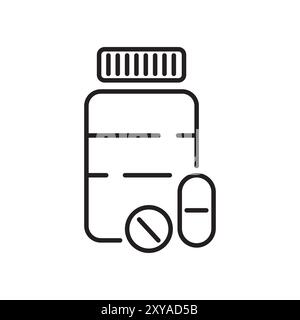 Bouteille de médicament avec icône pilules. Contour noir simple. Illustration de capsule et de tablette. Conception vectorielle minimale. Illustration de Vecteur
