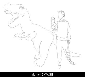 Une ligne continue d'homme pointant du doigt sur dinosaure. Concept vectoriel d'illustration de ligne mince. Contour Drawing idées créatives. Illustration de Vecteur