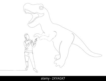 Une ligne continue d'homme pointant du doigt sur dinosaure. Concept vectoriel d'illustration de ligne mince. Contour Drawing idées créatives. Illustration de Vecteur