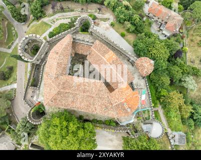 Vue aérienne du château de Gorizia et de la ville avec des tours concentriques, palais restauré à la frontière entre l'Italie et la Slovénie Banque D'Images