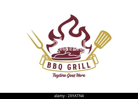 Vintage rétro rustique BBQ barbecue Grill Steak logo Design Illustration de Vecteur