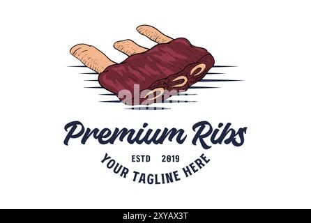 Rustique Retro Vintage Pork Cow Angus Ribs pour BBQ barbecue Grill étiquettes logo Design Vector Illustration de Vecteur