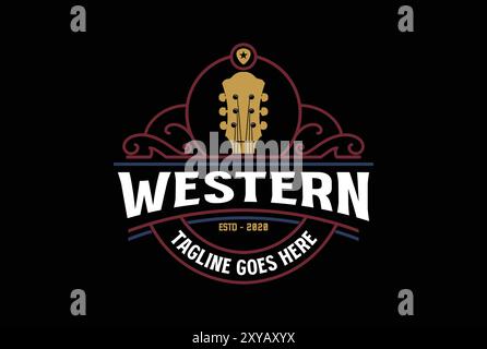 Country Guitar Music Western Vintage Retro Saloon Bar Cowboy logo Design Vector Illustration de Vecteur