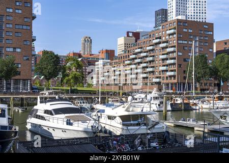 Rotterdam Marina, derrière des immeubles résidentiels de grande hauteur à Spoorweghaven, port de plaisance, bateaux à voile, yachts à moteur, dans le port intérieur, Banque D'Images