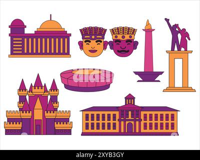 Jakarta Indonésie culture sites touristiques destination capitale ville urbaine Betawi patrimoine set collection design Illustration de Vecteur