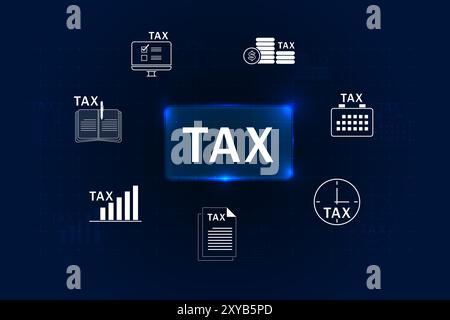 Concept e-tax. Contribuable utilisant un ordinateur portable remplissant des formulaires fiscaux en ligne pour le paiement de l'impôt. Impôts d'État, analyse de données, paperasse, recherche financière, rapport V Banque D'Images