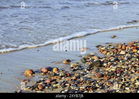 Cailloux colorés sur une plage ensoleillée et la mer surf Banque D'Images