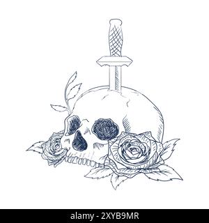 Un crânes humains avec Roses et Dagger Tattoo Sketch sur fond blanc illustration Illustration de Vecteur