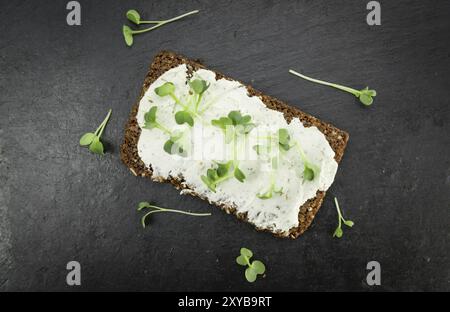 Cresson fraîchement coupé avec fromage crémeux sur une tranche de pain (mise au point sélective, gros plan) Banque D'Images