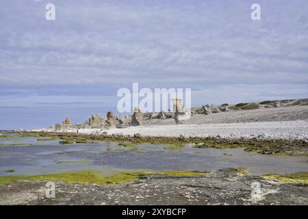 Côte avec des pierres brutes à Langhammars sur l'île de Féroé sur Gotland, Rauks à Langhammars dans gotland, suède Banque D'Images