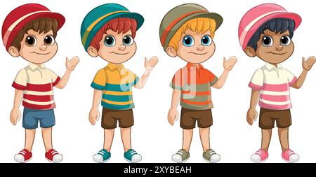 Quatre garçons en chapeaux et chemises rayées Illustration de Vecteur