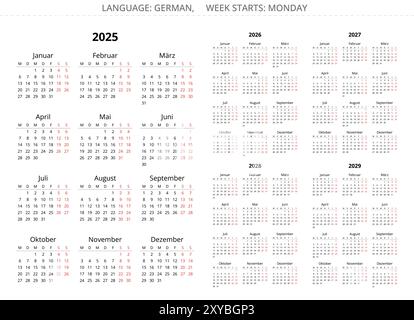 calendriers allemands verticaux 2025, 2026, 2027, 2028, 2029 ans. Ensemble d'illustration vectorielle imprimable pour l'Allemagne Illustration de Vecteur