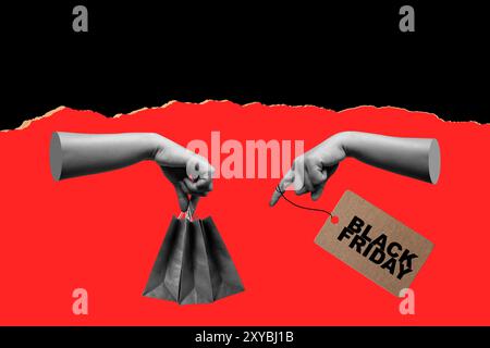 Une paire de mains tenant un sac à provisions avec une étiquette Black Friday dessus. L'image est une représentation créative de la saison des achats des fêtes. Collage a Banque D'Images