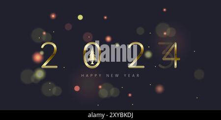 Bonne année 2024 concepts pour bannière de célébrations, rubans dorés sur fond bleu dégradé avec affiche de voeux isolé sur fond noir Illustration de Vecteur