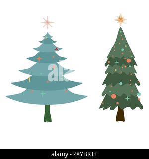 Deux arbres de Noël de styles différents. Illustration vectorielle d'arbres de Noël verts sur fond blanc Illustration de Vecteur