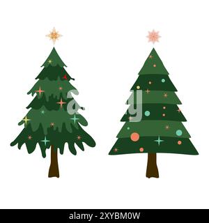 Collection de 2 sapins de Noël dans différents styles. Illustration vectorielle d'arbres de Noël verts sur fond blanc Illustration de Vecteur