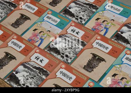 HANDAN, CHINE - 28 AOÛT 2024 - la photo prise le 29 août 2024 montre le nouveau manuel révisé pour l'enseignement obligatoire à la librairie Xinhua à Yongnia Banque D'Images