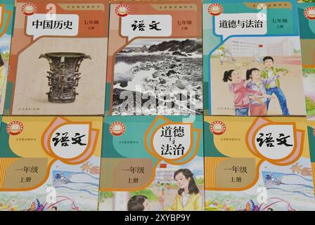 HANDAN, CHINE - 28 AOÛT 2024 - la photo prise le 29 août 2024 montre le nouveau manuel révisé pour l'enseignement obligatoire à la librairie Xinhua à Yongnia Banque D'Images