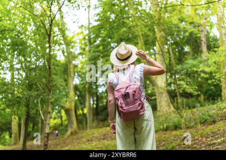 Vue arrière d'une femme exploratrice caucasienne en randonnée dans une forêt calme et verdoyante Banque D'Images