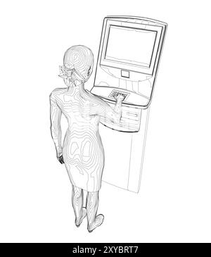 Contour Woman retire de l'argent d'un guichet automatique. Aperçu de la jeune femme utilise terminal. Jeune femme debout à la machine ATM. Illustration vectorielle en style plat Illustration de Vecteur